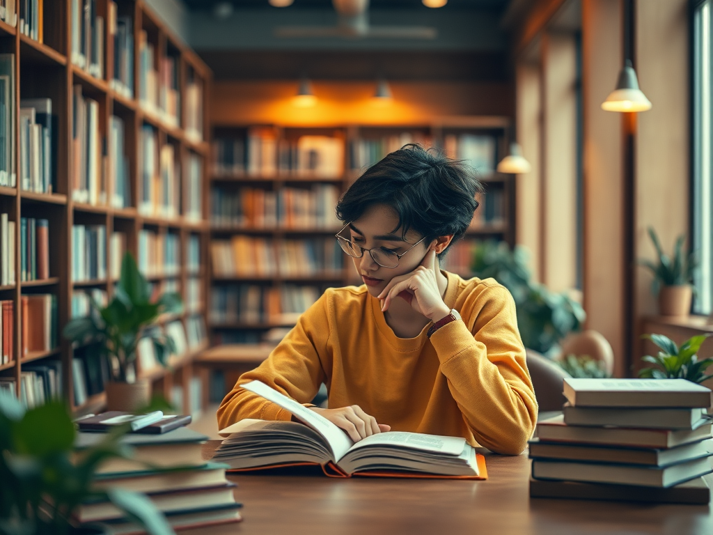 Молодой человек в очках читает книгу в библиотеке между полками с книгами и зелеными растениями.