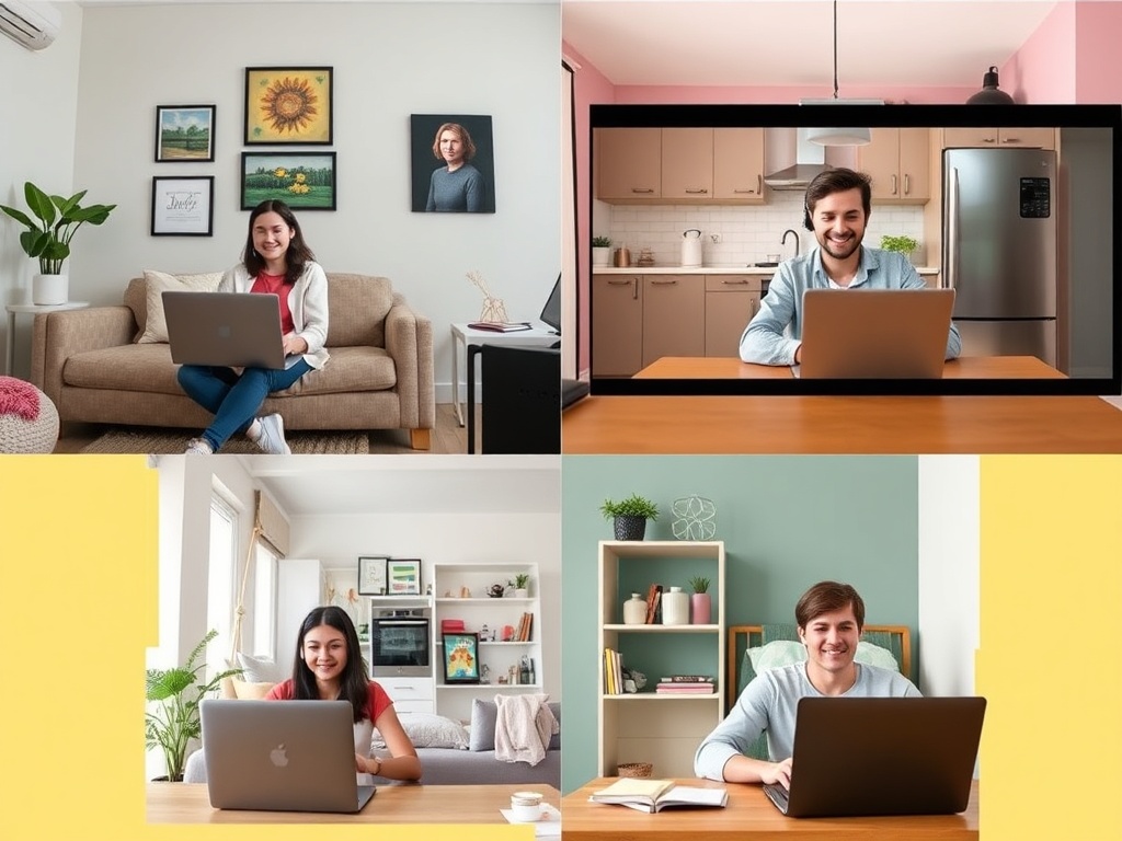 Четыре человека работают на ноутбуках в разных уютных интерьере, общаясь друг с другом.