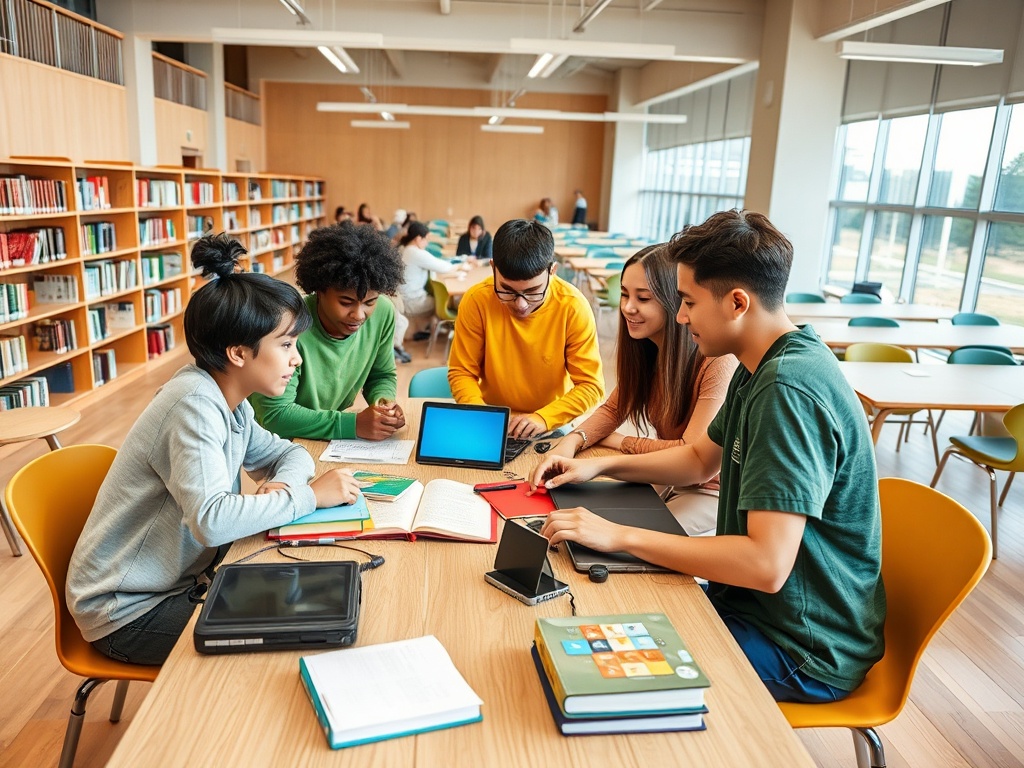 Группа студентов занимается учебой в библиотеке, используя ноутбуки и планшеты, вокруг множество книг.