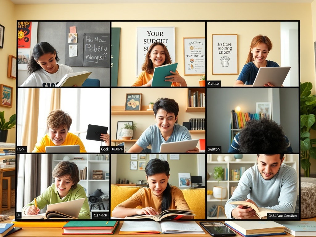 Групповая видеозвонка: дети читают книги и используют устройства для обучения и общения в уютной обстановке.