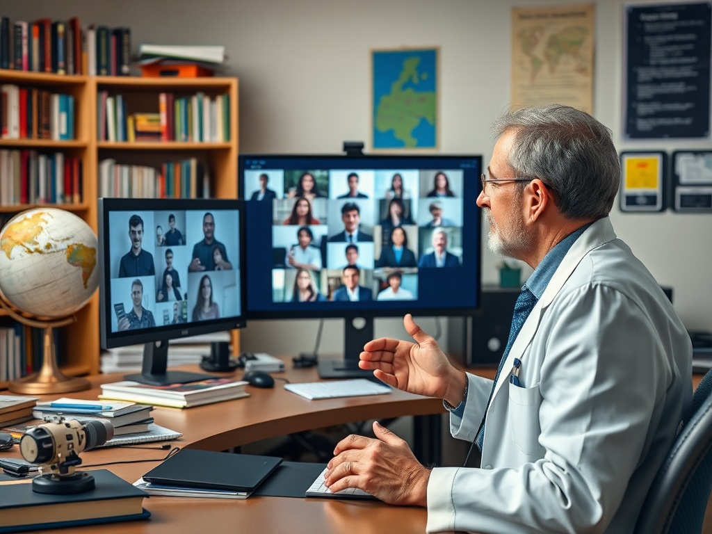 Врач ведет онлайн-конференцию с несколькими участниками на двух экранах в кабинете.