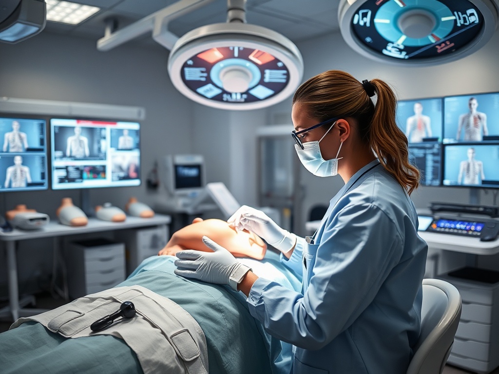 Медицинский работник проводит процедуру на манекене в современном учебном кабинете с медицинским оборудованием.