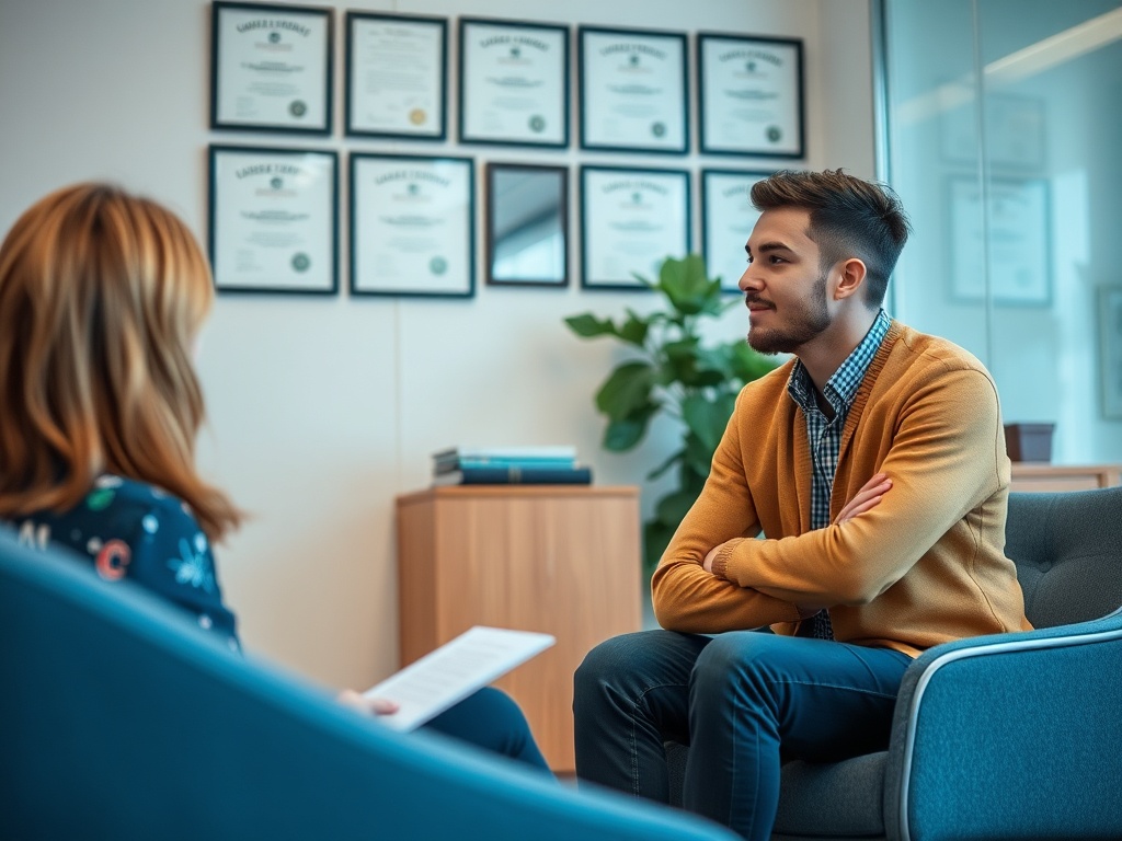 Два человека сидят в офисе. Один из них слушает, другой выглядит задумчивым и спокойным. На стене дипломы.