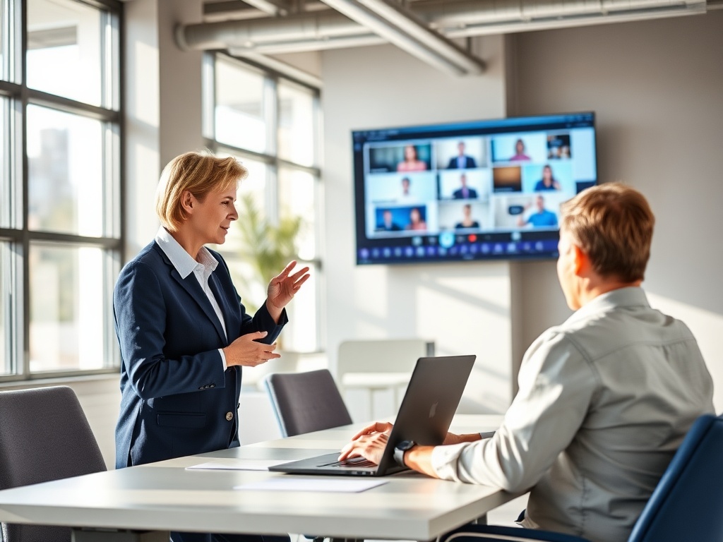 Женщина в деловом костюме говорит в переговорной комнате, на экране — участники видеозвонка.