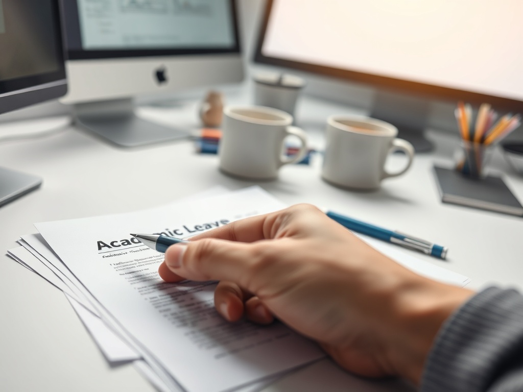 Рука заполняет заявление на академический отпуск на фоне рабочего стола с компьютерами и чашками кофе.