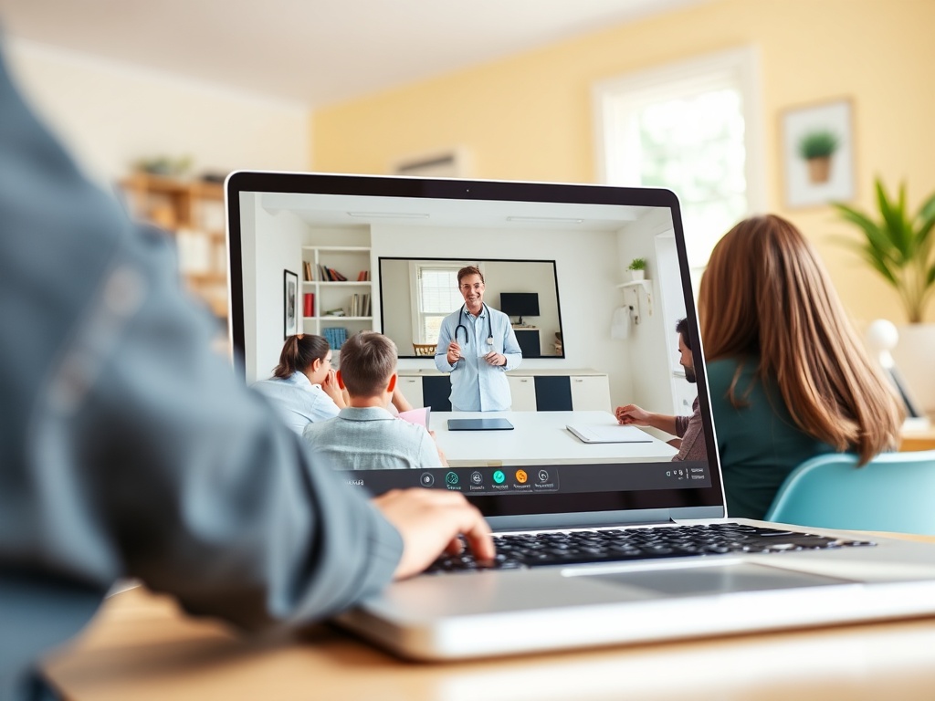 Виртуальная консультация: врач общается с пациентами через видеозвонок на компьютере.