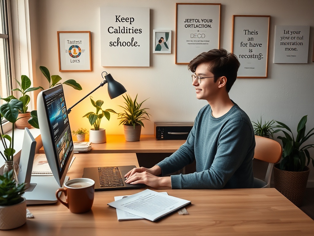 Молодой человек работает за компьютером в уютном офисе, окружённый растениями и уютной атмосферой.