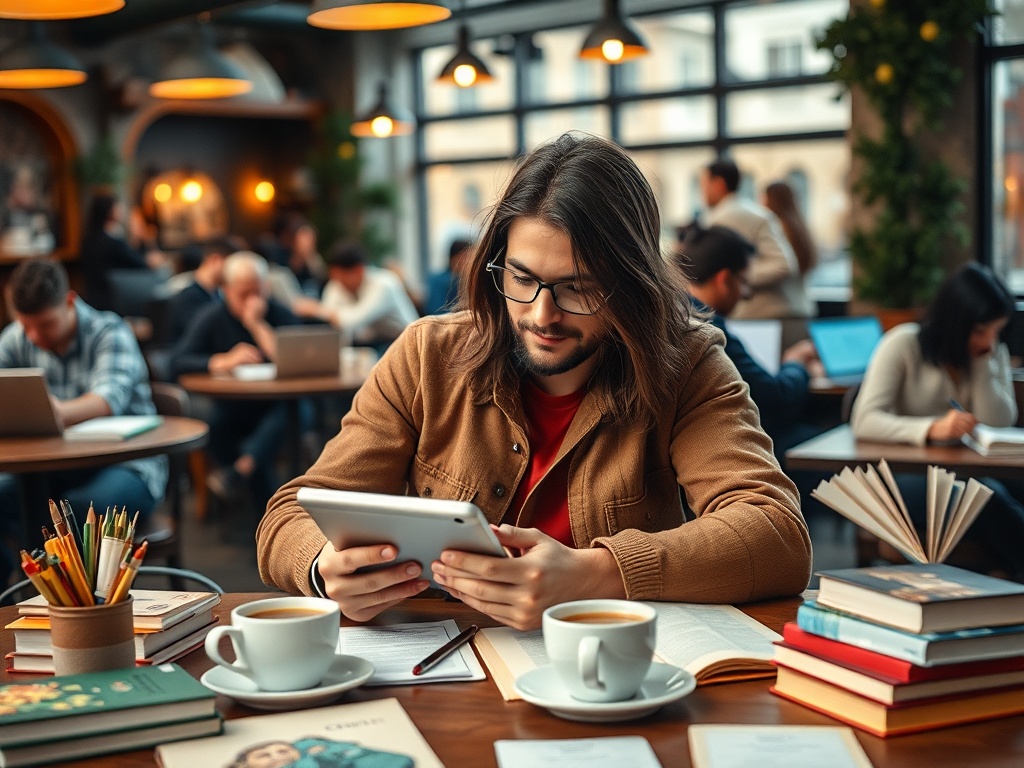 Молодой человек с длинными волосами сидит в кафе, читая на планшете, вокруг много людей и книг.