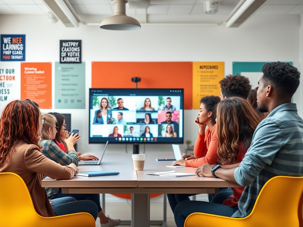 Группа людей сидит за столом и участвует в видеоконференции, смотря на экран с участниками.