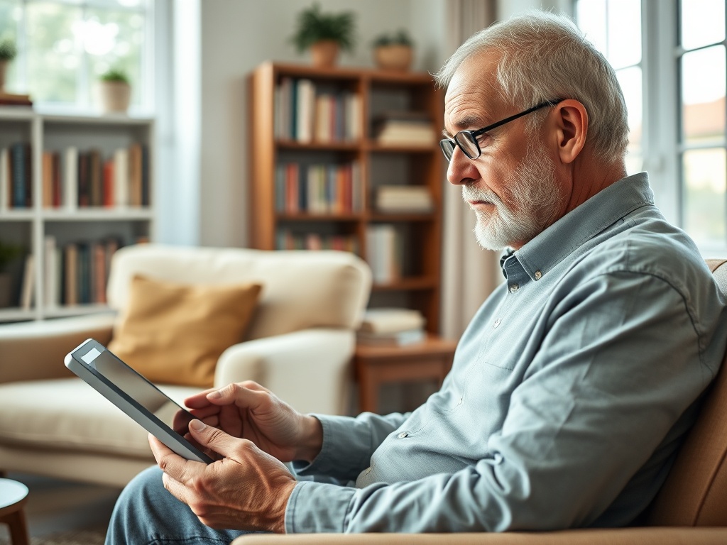 Пожилой мужчина сидит в комнате с книжными полками, читая на планшете. Атмосфера спокойная и уютная.