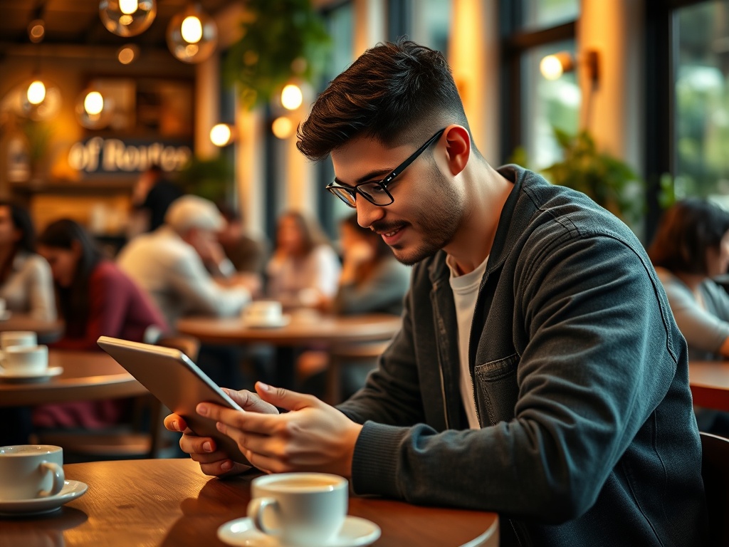 Молодой мужчина в очках сидит в кафе, читая на планшете, вокруг него другие посетители и чашки кофе.