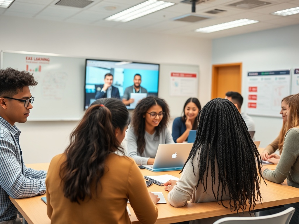 Группа студентов обсуждает на уроке, на экране видео с двумя преподавателями. В классе светло и современно.