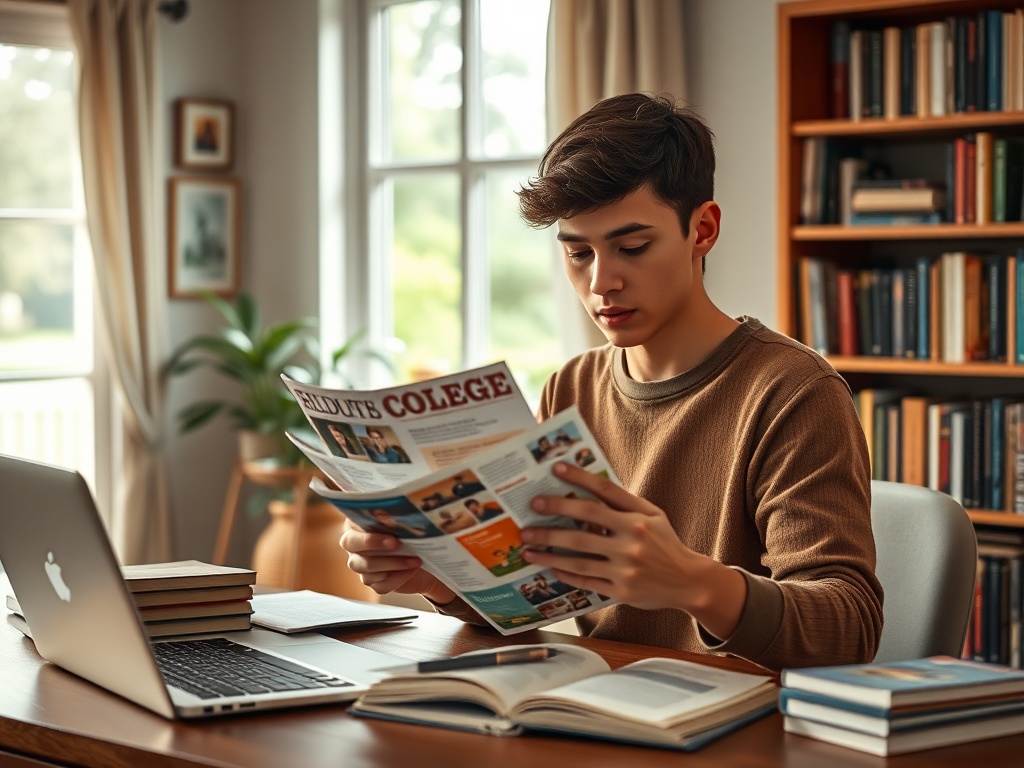 Молодой человек читает журнал за столом, окружённый книгами и ноутбуком в уютной обстановке.