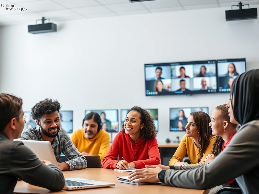 Группа людей общается во время видеоконференции, улыбаясь и обсуждая идеи за столом.
