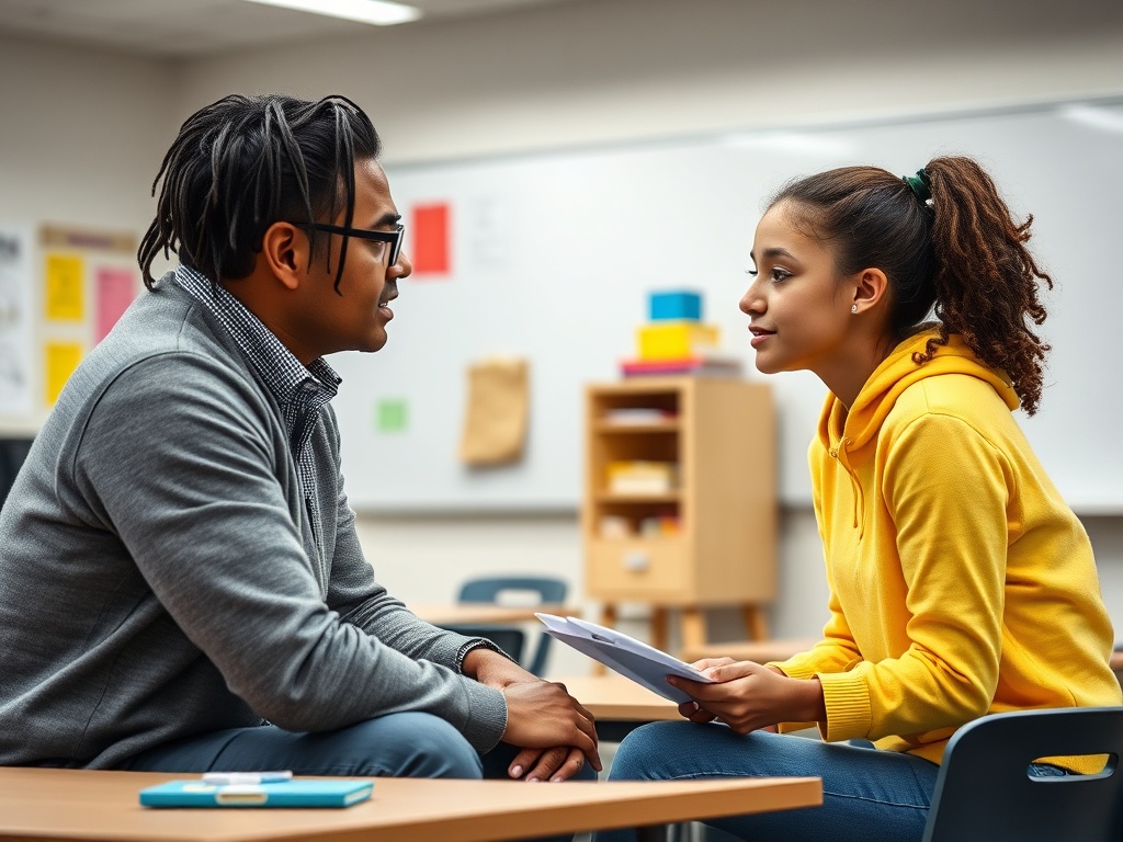 Два человека в классе обсуждают что-то важное. Молодежь в желтом свитере и мужчина в сером свитере.
