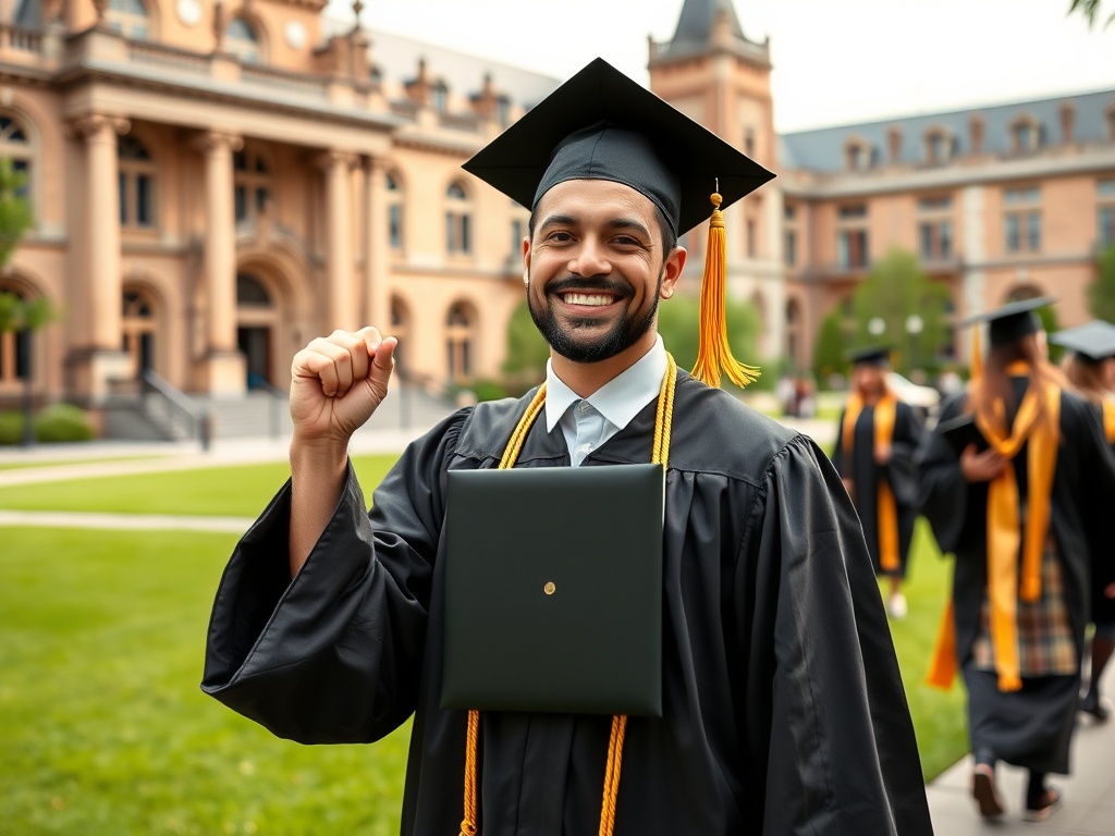 Счастливый выпускник в академической одежде с дипломом на фоне университета.
