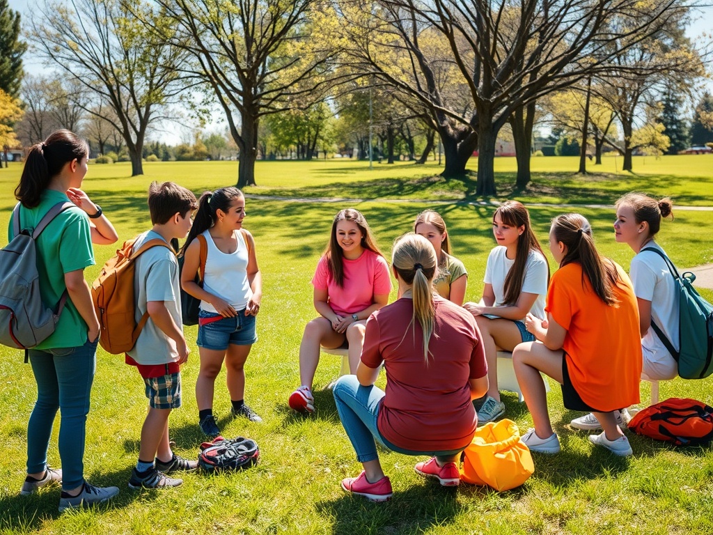Группа детей и подростков общается на траве в парке в солнечный день. Они улыбаются и активно обсуждают что-то.