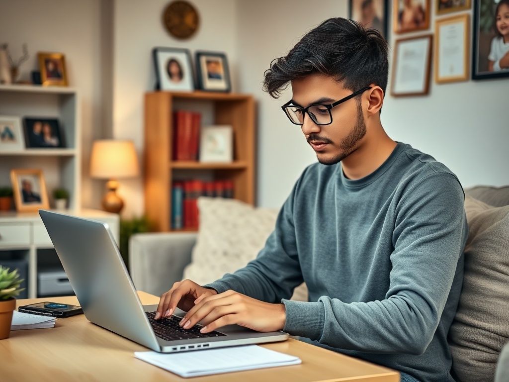 Молодой человек в очках работает за ноутбуком в уютной комнате с книжными полками и семейными фотографиями.