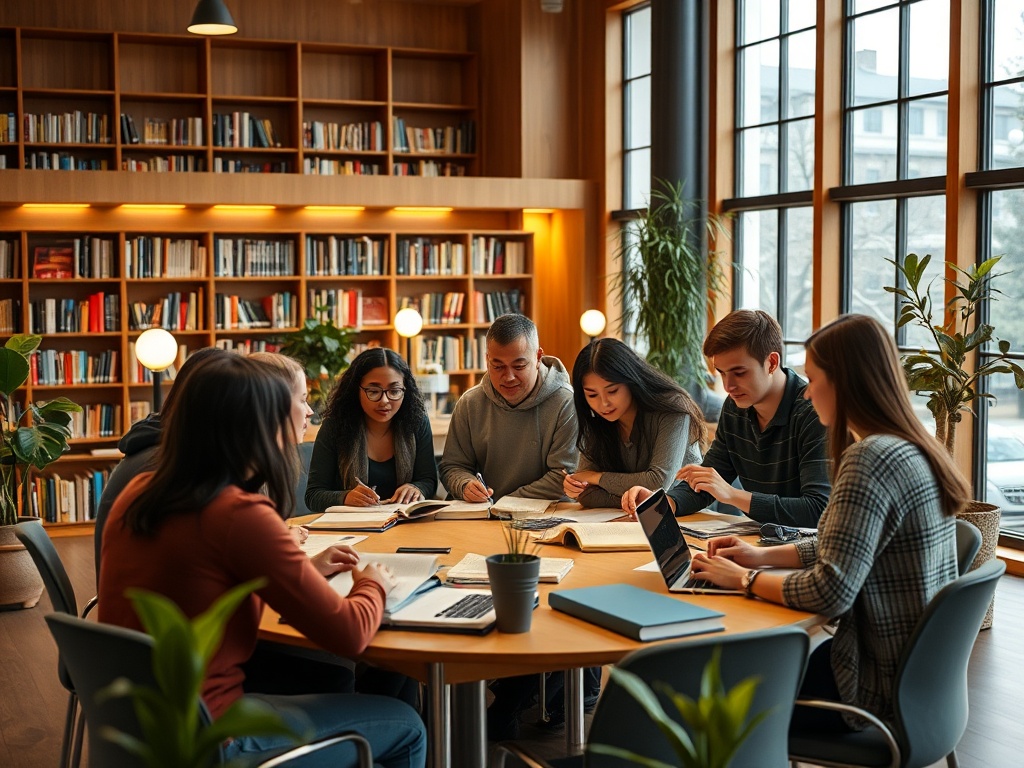 Группа студентов учится в библиотеке, сидя за круглым столом с книгами и ноутбуками.