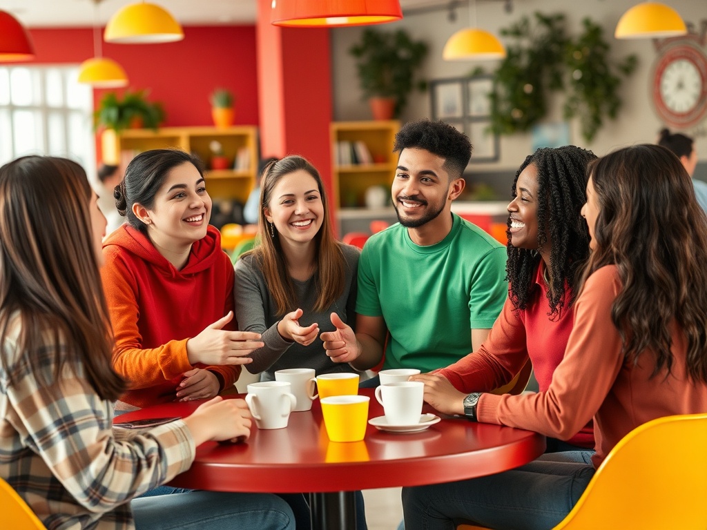 Группа друзей обсуждает что-то весёлое за столом в кафе, наслаждаясь напитками.