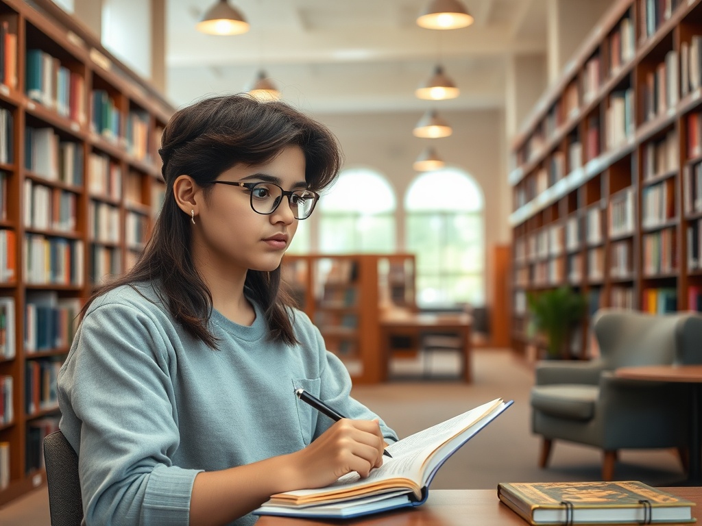 Девушка в библиотеке читает книгу и делает заметки, окруженная полками с книгами.