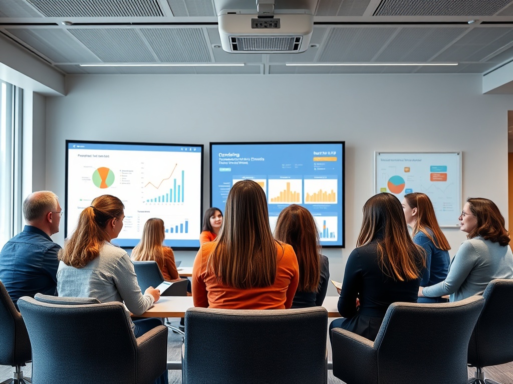 В современном офисе группа людей слушает презентацию с графиками и диаграммами на экране.