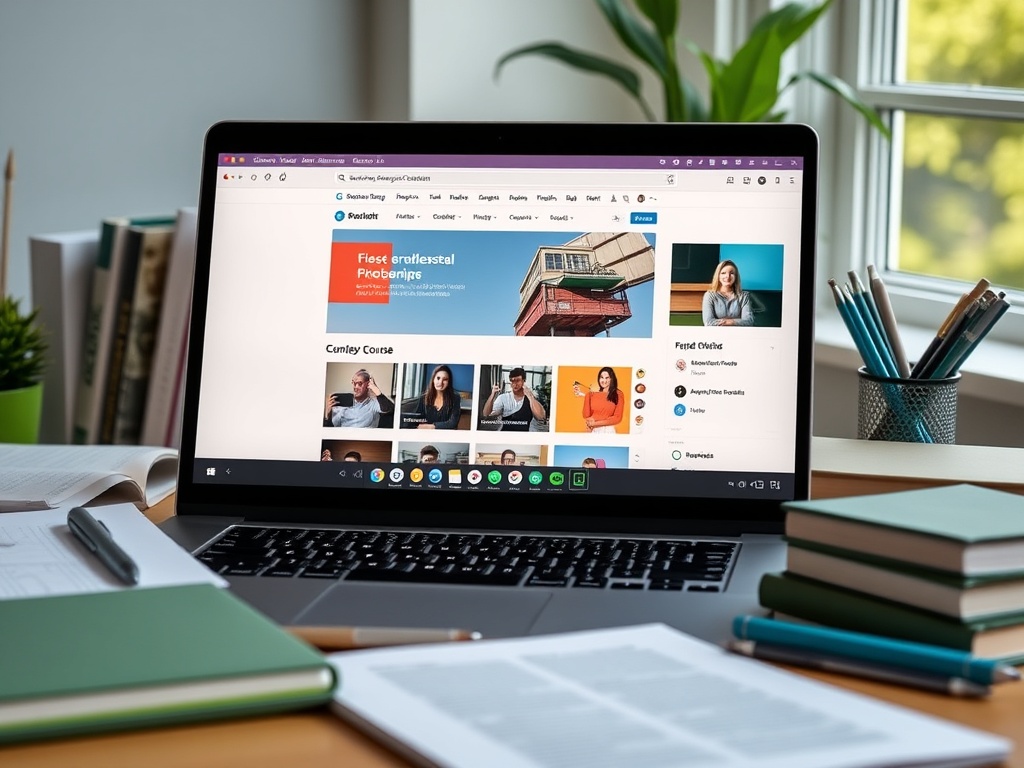 Ноутбук на столе с открытым курсом, вокруг книги и канцелярские принадлежности. Яркий свет и зеленые растения.