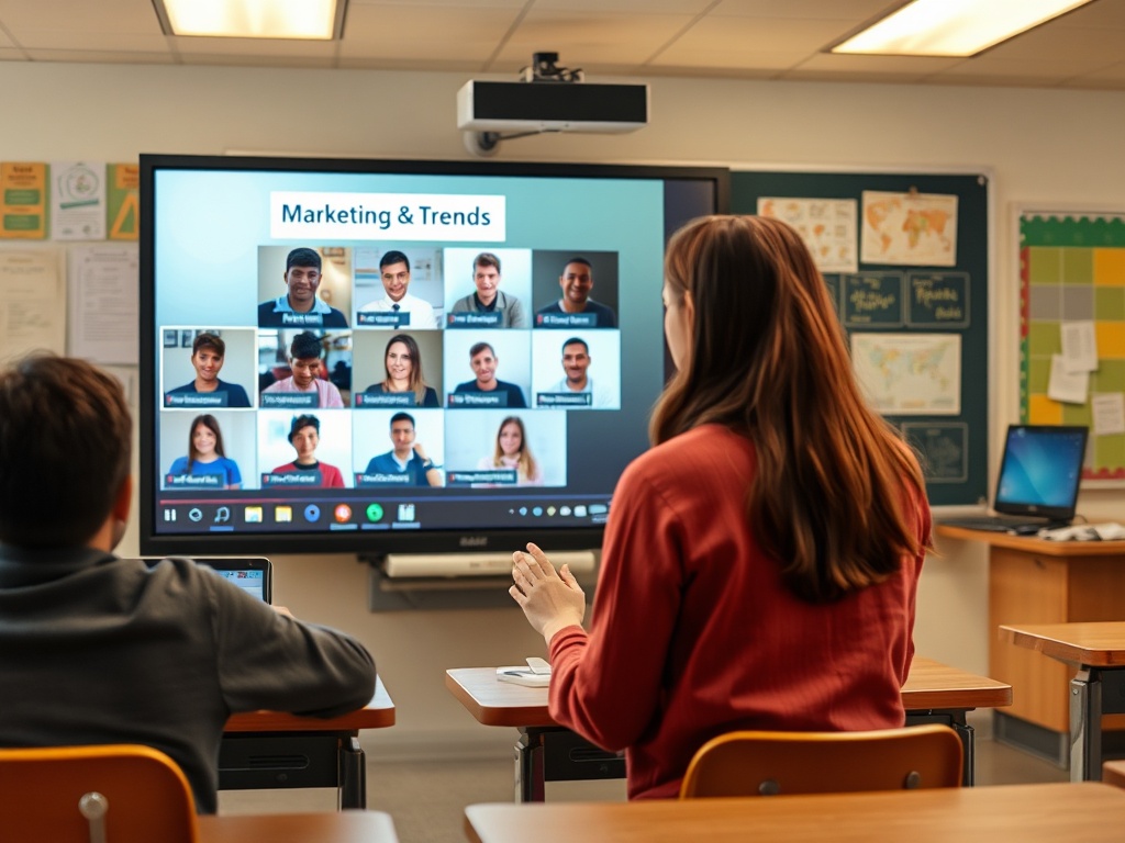 На занятии по маркетингу ученики обсуждают тренды, смотря на экран с изображениями участников.