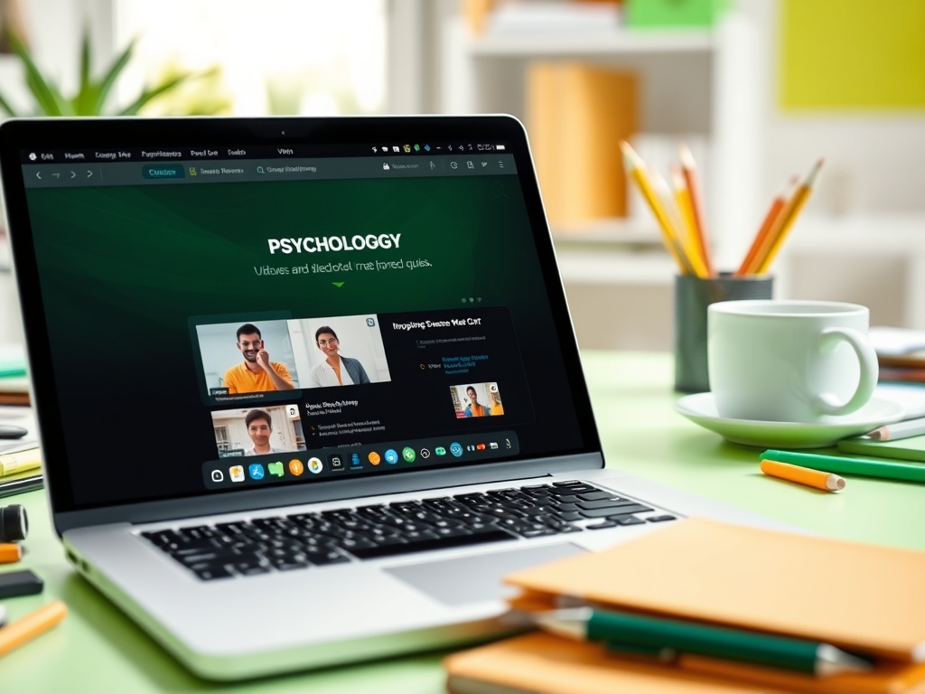 На экране ноутбука открыта страница по психологии с видео и фотографиями. На столе — кружка и канцелярские принадлежности.