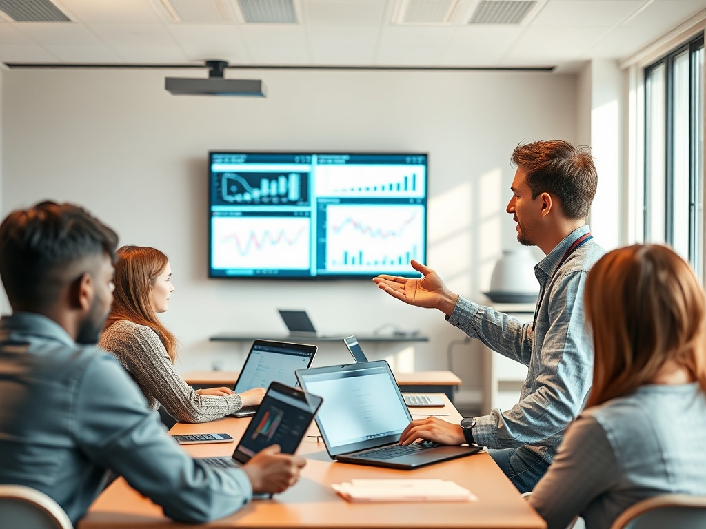 Группа людей на совещании, обсуждающая данные, представленные на экране. Используют ноутбуки и планшеты.