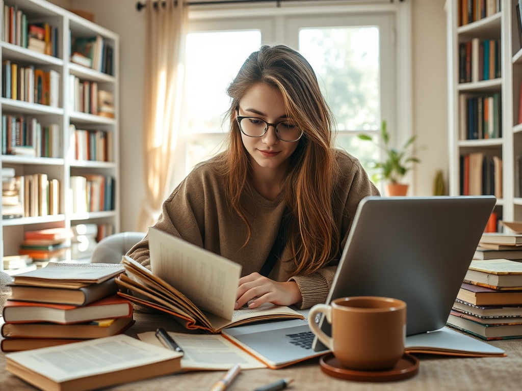 Молодая женщина читает книгу за столом, окружённым книжными полками и ноутбуком. На столе чашка с напитком.