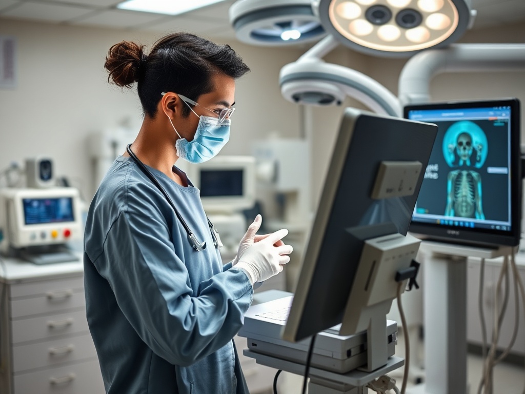 Медицинский работник в маске и перчатках работает за компьютером с рентгеновским снимком на экране.
