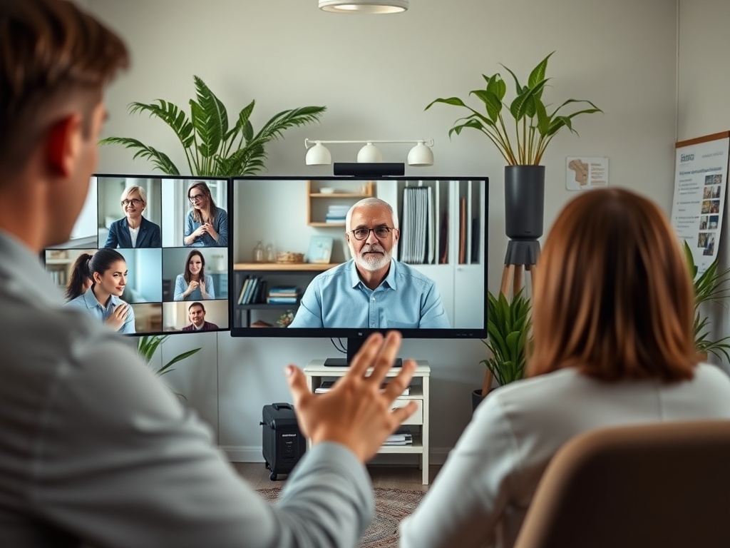 Два человека участвуют в видеоконференции, общаясь с несколькими участниками на экране.