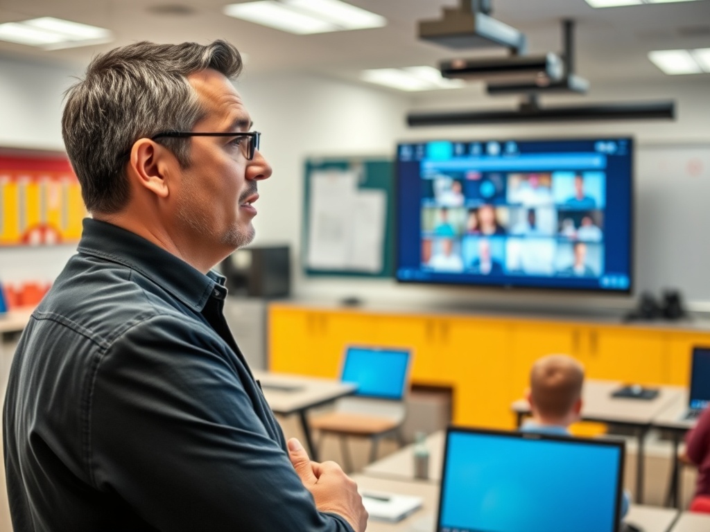 На картине мужчина преподает в классе, у экрана с видеозвонком и учениками за компьютерами.