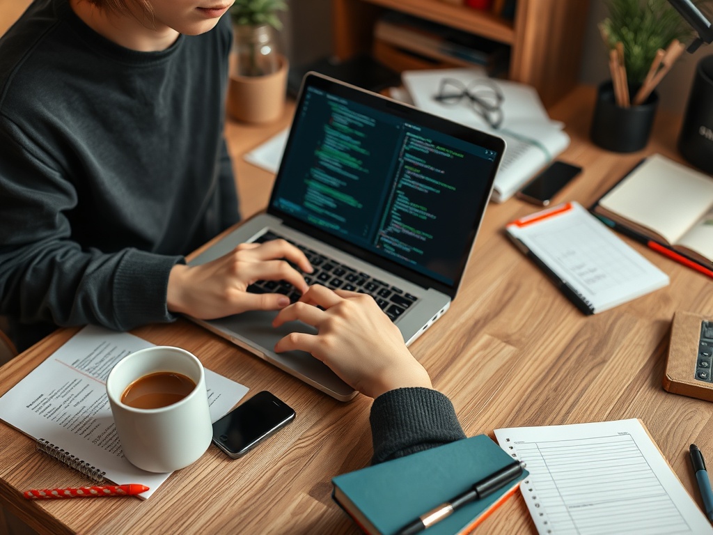 На столе расположены ноутбук, чашка кофе, блокноты и смартфон. Молодой человек работает над кодом.