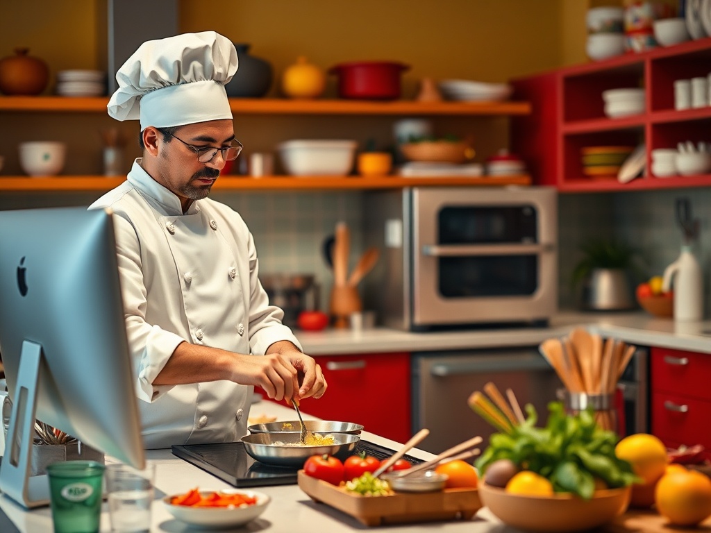 Шеф-повар в белом наряде готовит блюдо на кухне с яркими овощами и современным оборудованием.