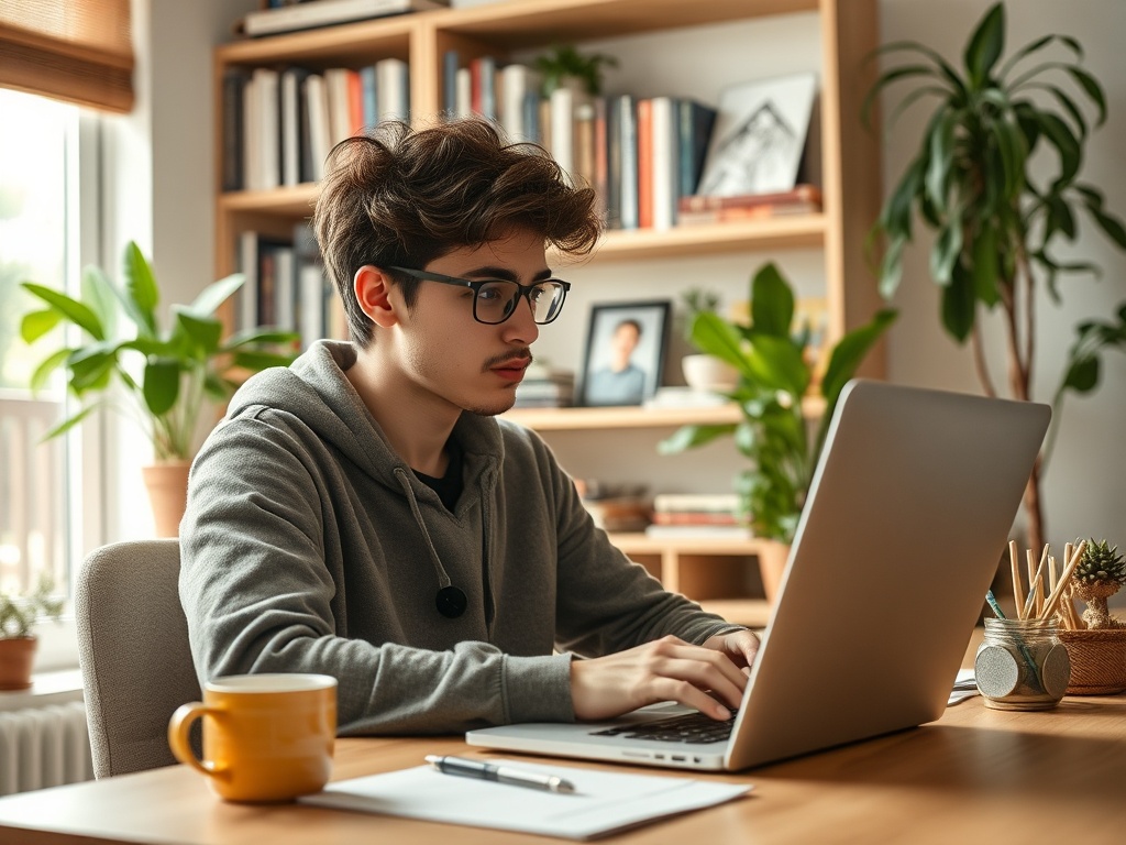 Молодой человек в сером худи работает за ноутбуком, окружённый растениями и книгами в уютном кабинете.