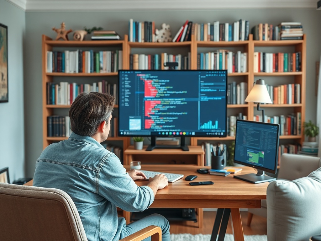 Человек сидит за столом с компьютерами в уютной библиотеке, работает над кодом. Летний день, тихая атмосфера.