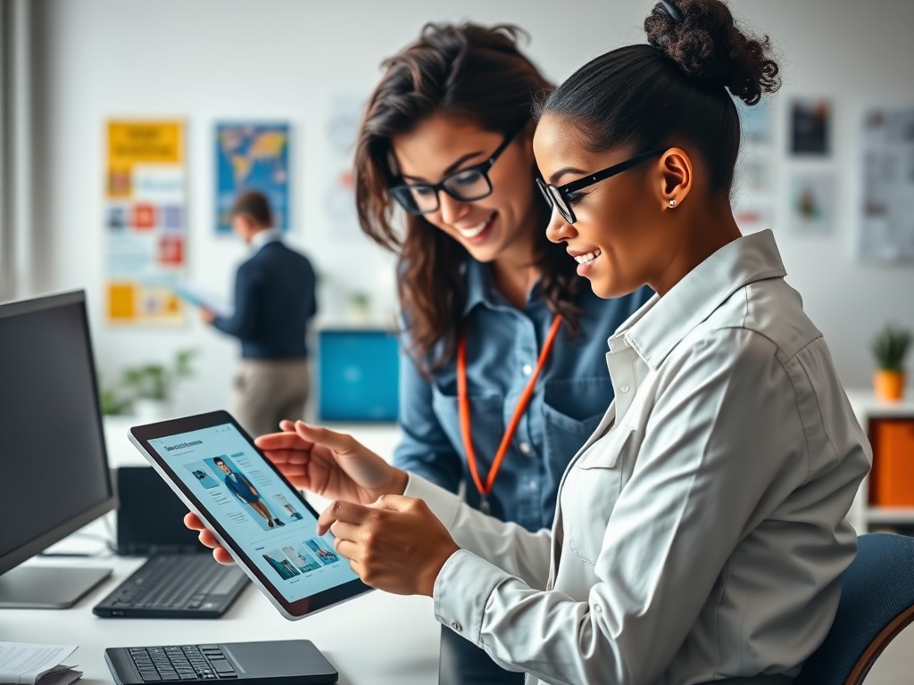 Две женщины обсуждают информацию на планшете в современном офисе, одна из них улыбаясь указывает на экран.