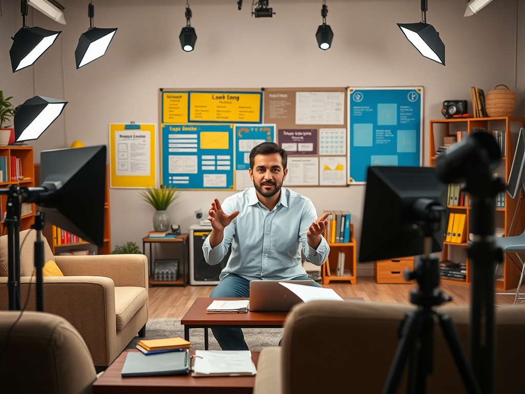 Мужчина в светлой рубашке сидит за столом, объясняя материал в студии с ярким освещением.