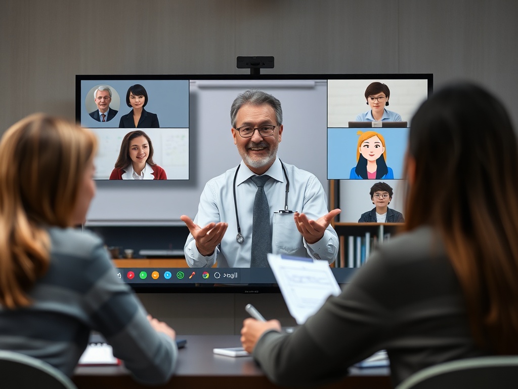 На видео-конференции доктор объясняет что-то группе людей, сидящих за столом. На экране несколько участников.