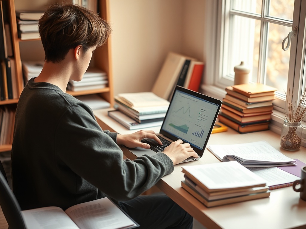 Молодой человек сидит за столом, работает на ноутбуке в окружении книг и учебных материалов.