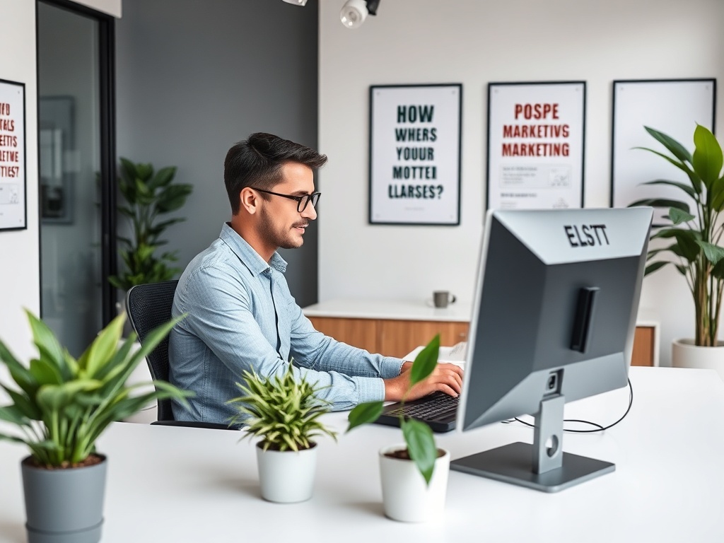 Мужчина работает за компьютером в современном офисе, окружённом зелеными растениями.